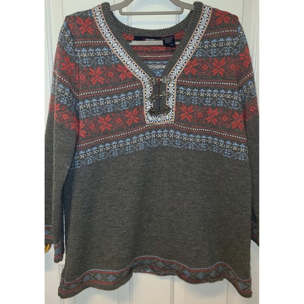 Nodic Ski Chalet Clasp Sweater Long Sleeve‎ Vneck Gray Sz Large Winter Resort